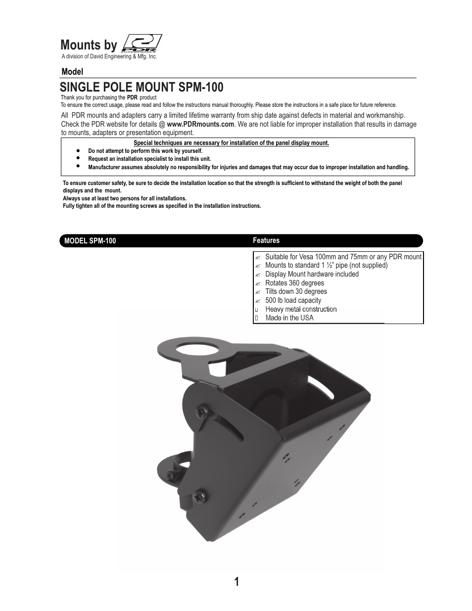 PDR Mounts SPM100 User Manual | 8 pages