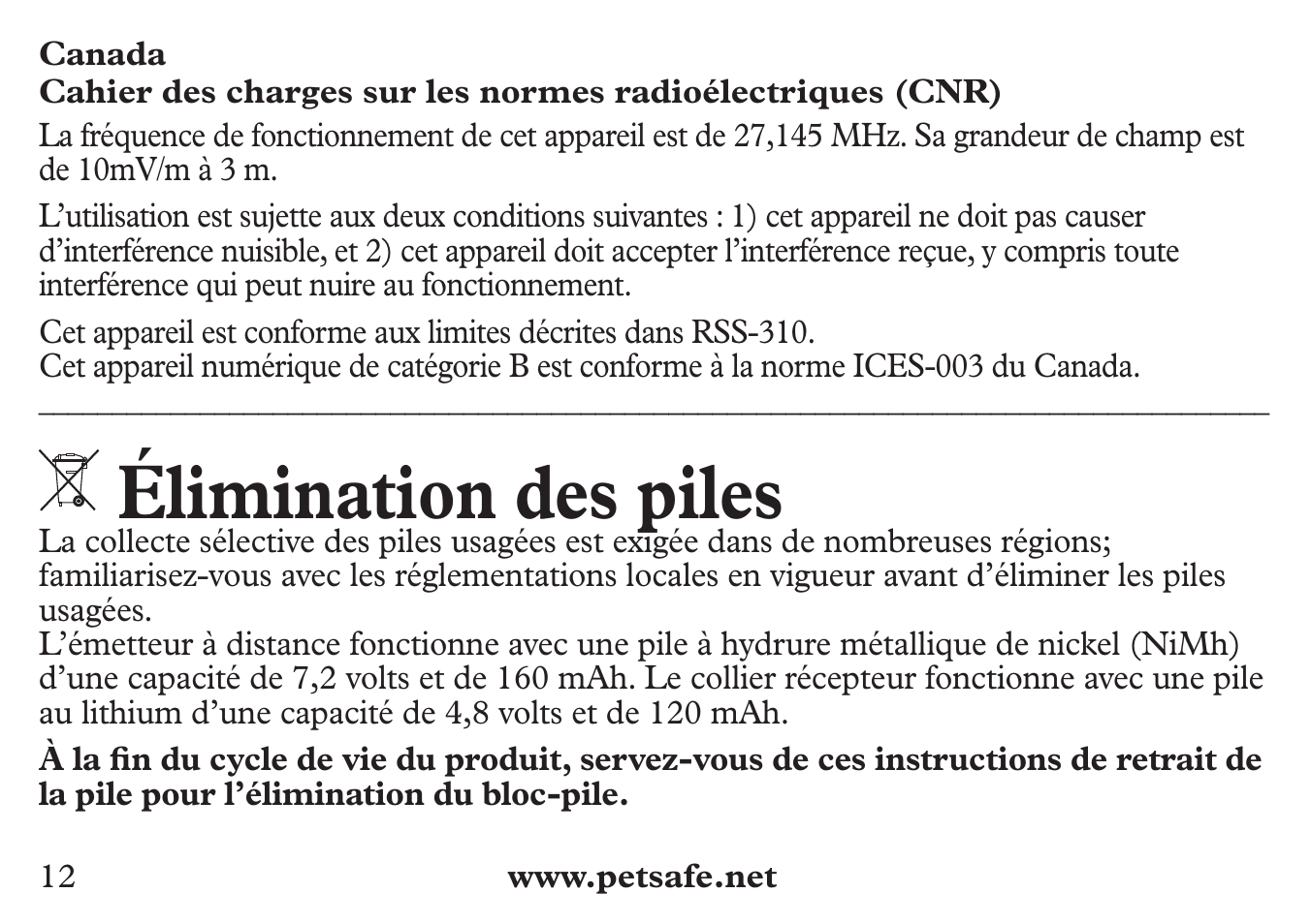 Élimination des piles | Petsafe 250 m Add-A-Dog® Extra Receiver Collar User Manual | Page 12 / 36