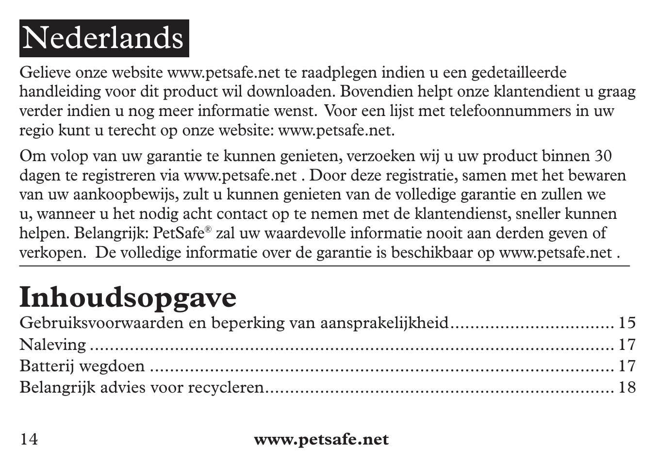 Nederlands, Inhoudsopgave | Petsafe 250 m Add-A-Dog® Extra Receiver Collar User Manual | Page 14 / 36
