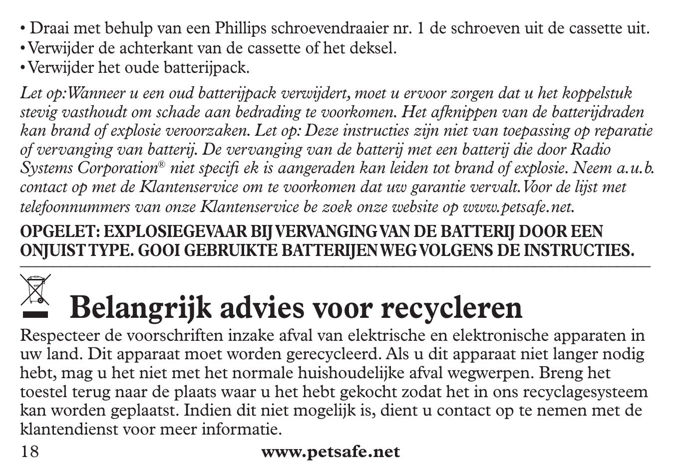 Belangrijk advies voor recycleren | Petsafe 250 m Add-A-Dog® Extra Receiver Collar User Manual | Page 18 / 36