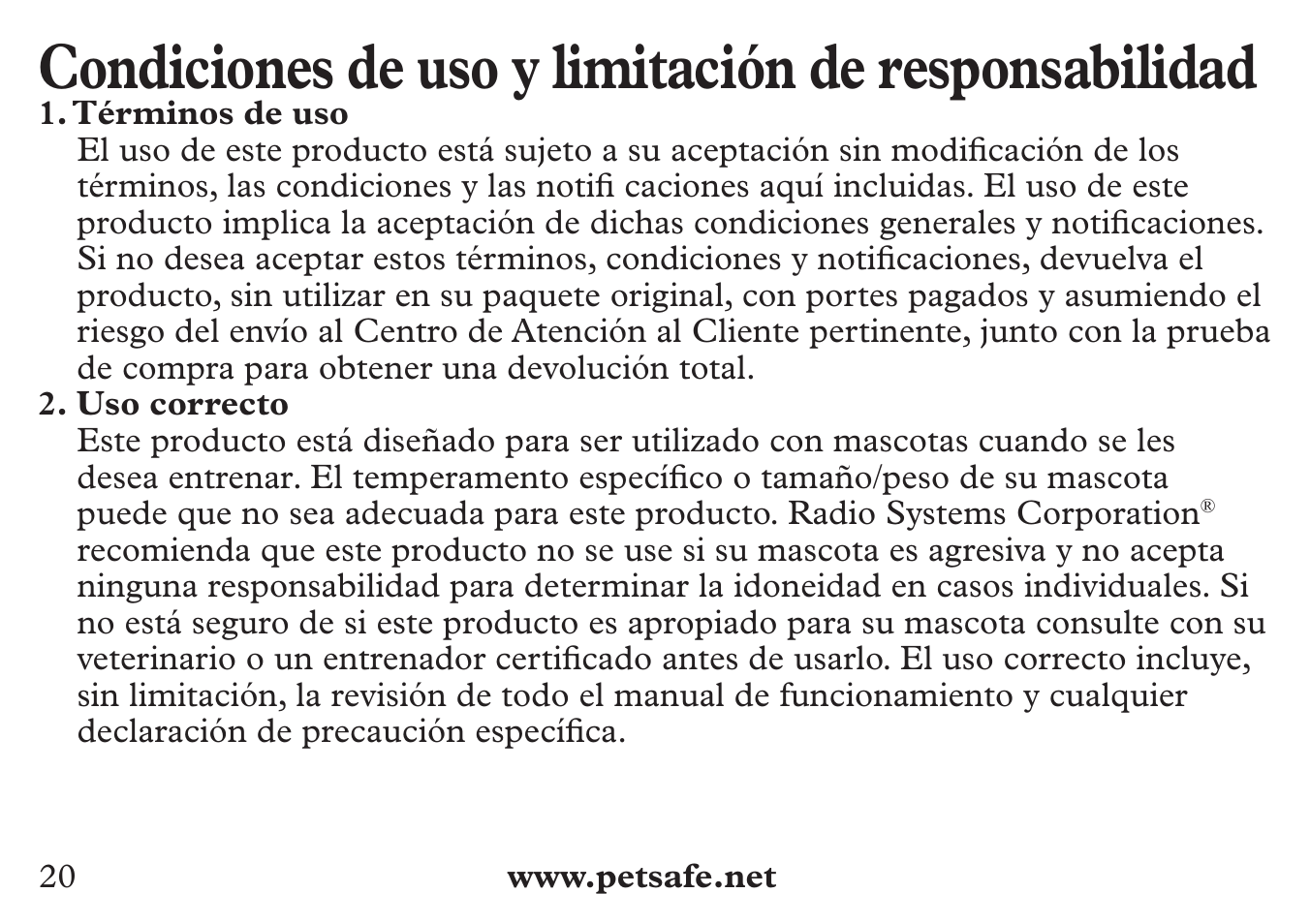 Condiciones de uso y limitación de responsabilidad | Petsafe 250 m Add-A-Dog® Extra Receiver Collar User Manual | Page 20 / 36