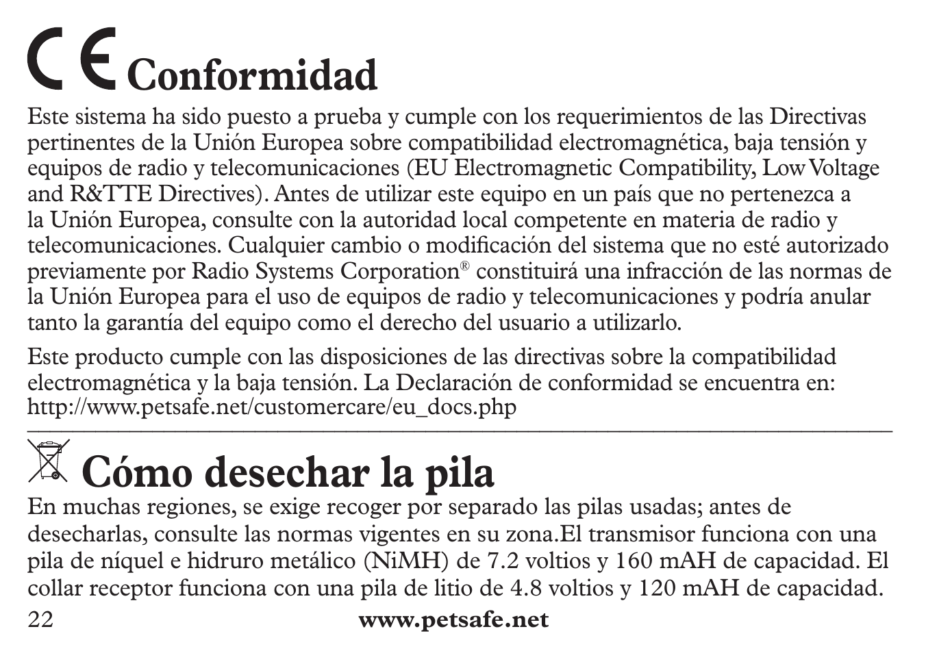 Conformidad, Cómo desechar la pila | Petsafe 250 m Add-A-Dog® Extra Receiver Collar User Manual | Page 22 / 36