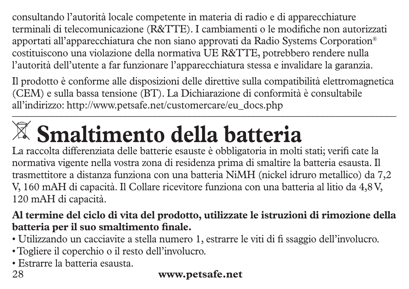 Smaltimento della batteria | Petsafe 250 m Add-A-Dog® Extra Receiver Collar User Manual | Page 28 / 36