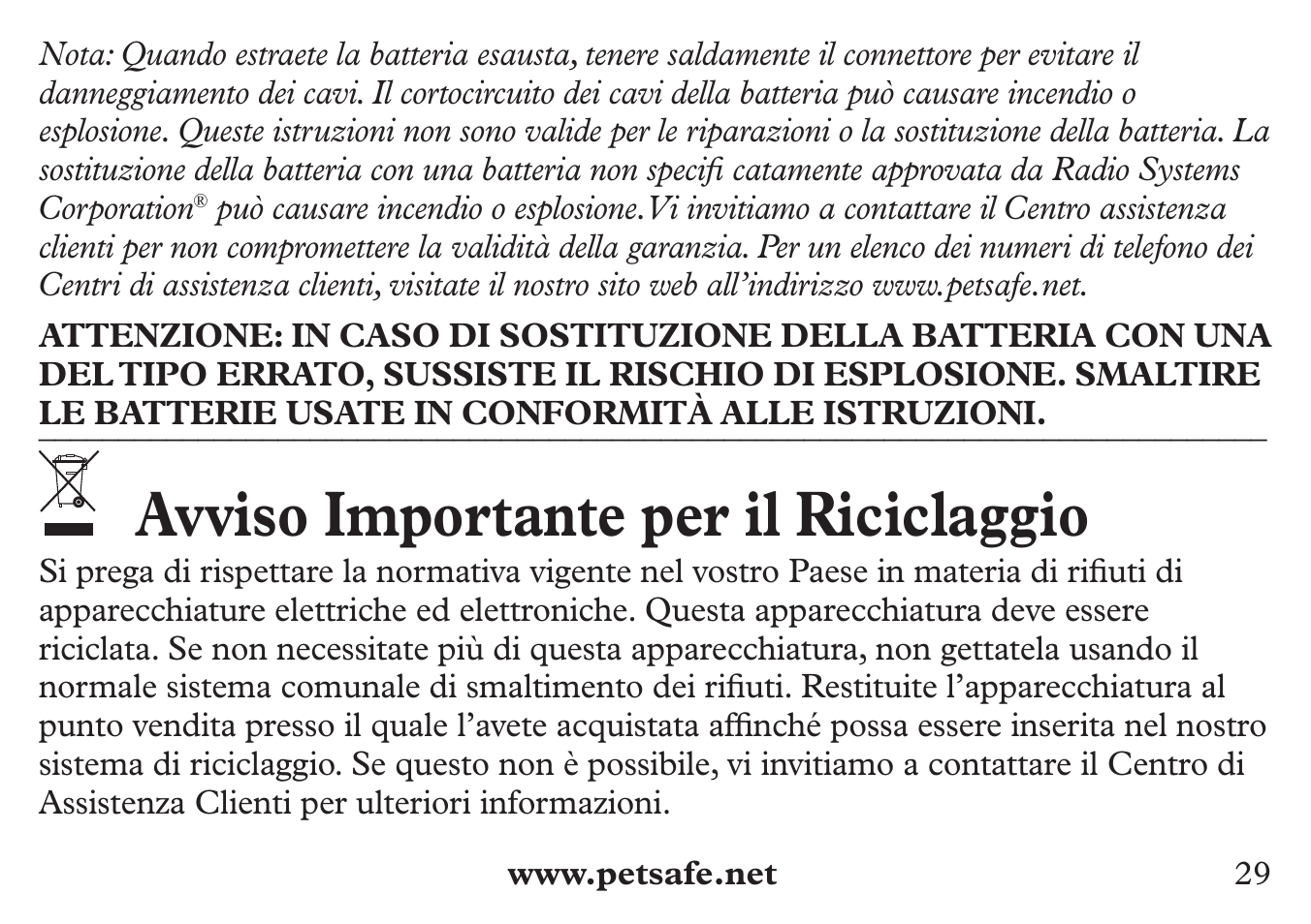 Avviso importante per il riciclaggio | Petsafe 250 m Add-A-Dog® Extra Receiver Collar User Manual | Page 29 / 36