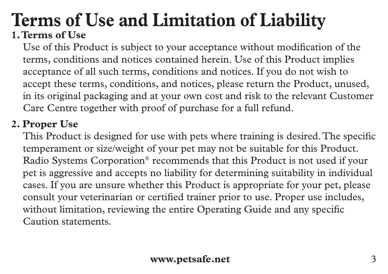 Terms of use and limitation of liability | Petsafe 250 m Add-A-Dog® Extra Receiver Collar User Manual | Page 3 / 36