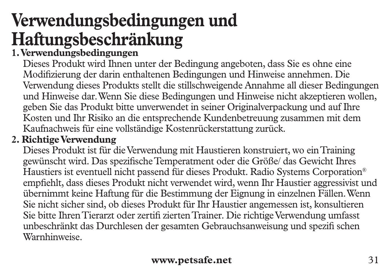 Verwendungsbedingungen und haftungsbeschränkung | Petsafe 250 m Add-A-Dog® Extra Receiver Collar User Manual | Page 31 / 36