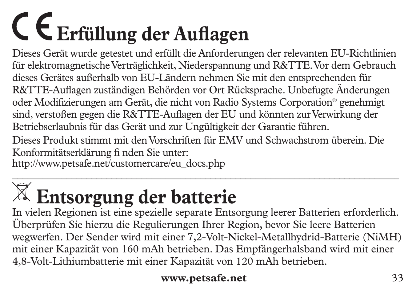Erfüllung der aufl agen, Entsorgung der batterie | Petsafe 250 m Add-A-Dog® Extra Receiver Collar User Manual | Page 33 / 36