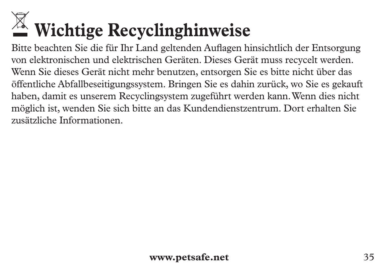 Wichtige recyclinghinweise | Petsafe 250 m Add-A-Dog® Extra Receiver Collar User Manual | Page 35 / 36
