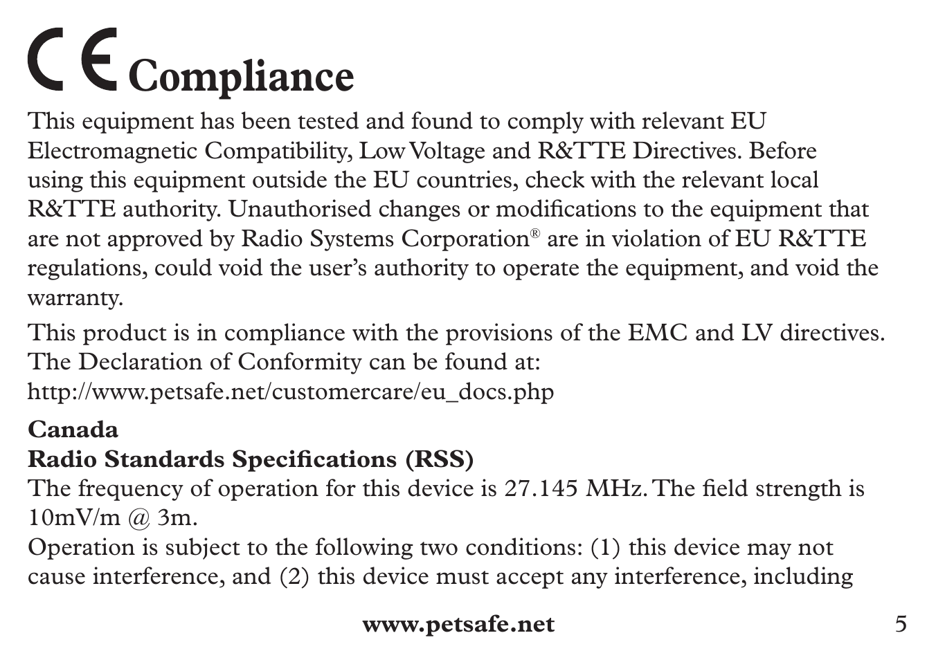 Compliance | Petsafe 250 m Add-A-Dog® Extra Receiver Collar User Manual | Page 5 / 36