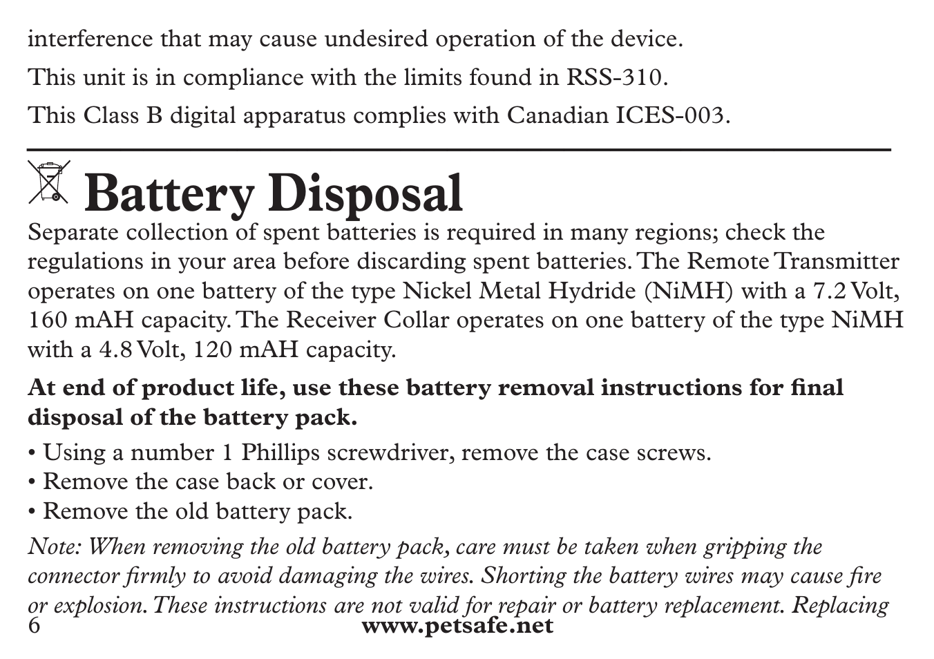 Battery disposal | Petsafe 250 m Add-A-Dog® Extra Receiver Collar User Manual | Page 6 / 36
