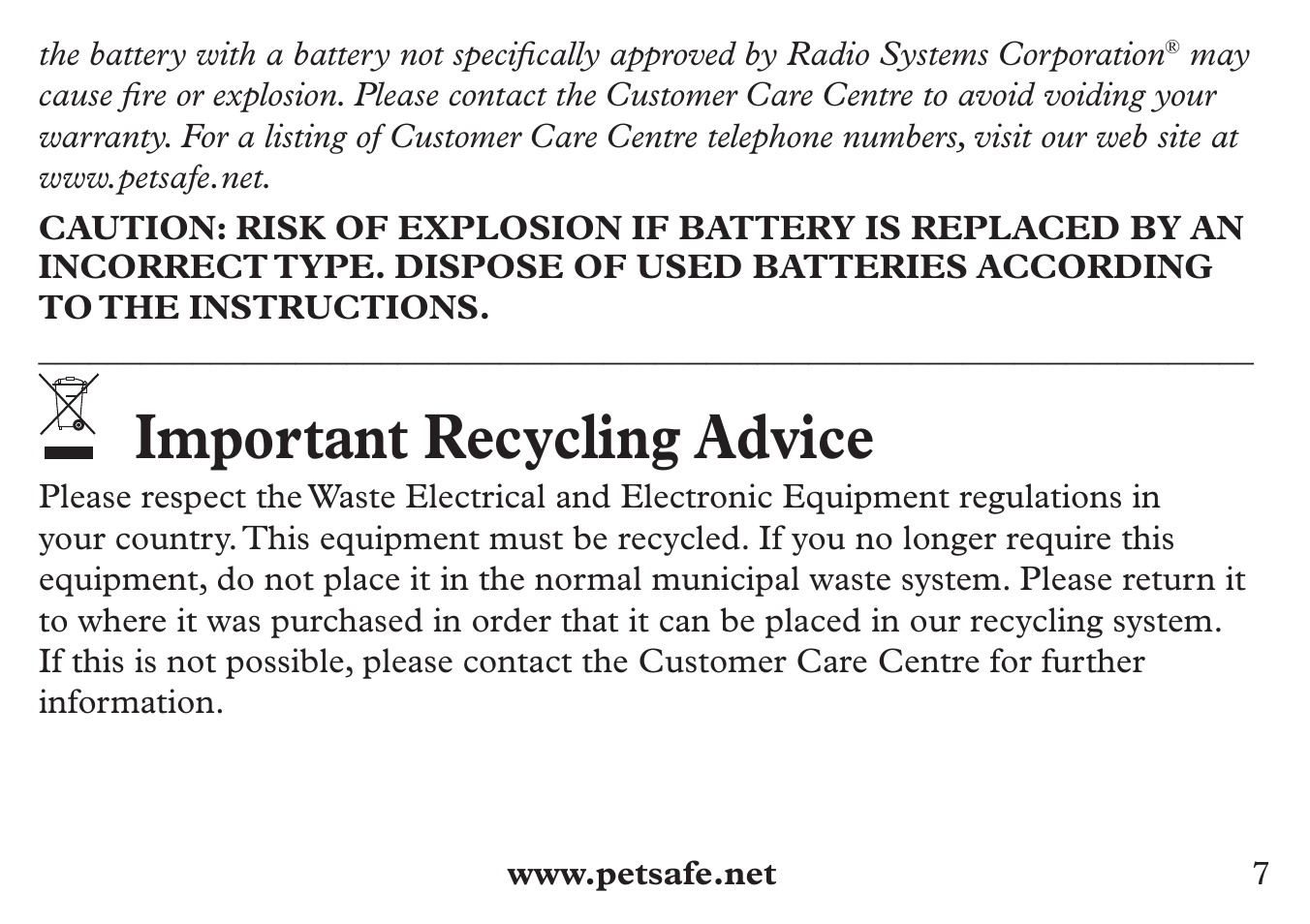 Important recycling advice | Petsafe 250 m Add-A-Dog® Extra Receiver Collar User Manual | Page 7 / 36