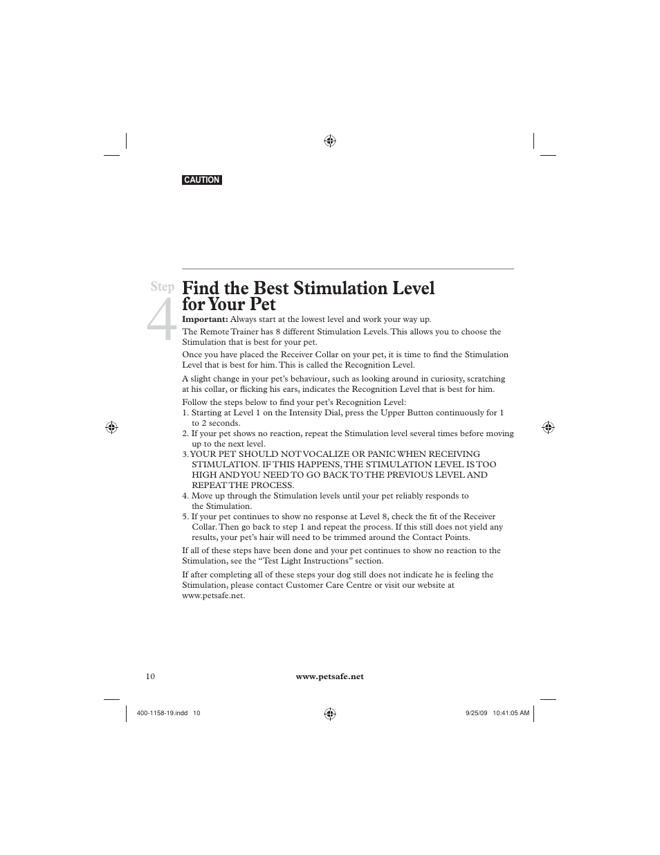 Find the best stimulation level for your pet, Step | Petsafe 250 m Remote Trainer User Manual | Page 10 / 104