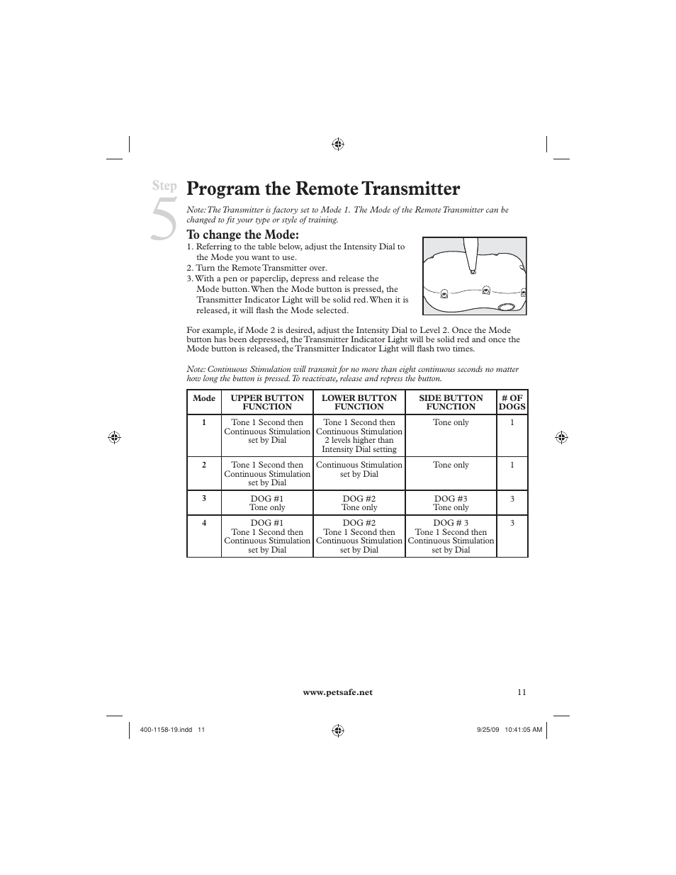 Program the remote transmitter, Step | Petsafe 250 m Remote Trainer User Manual | Page 11 / 104