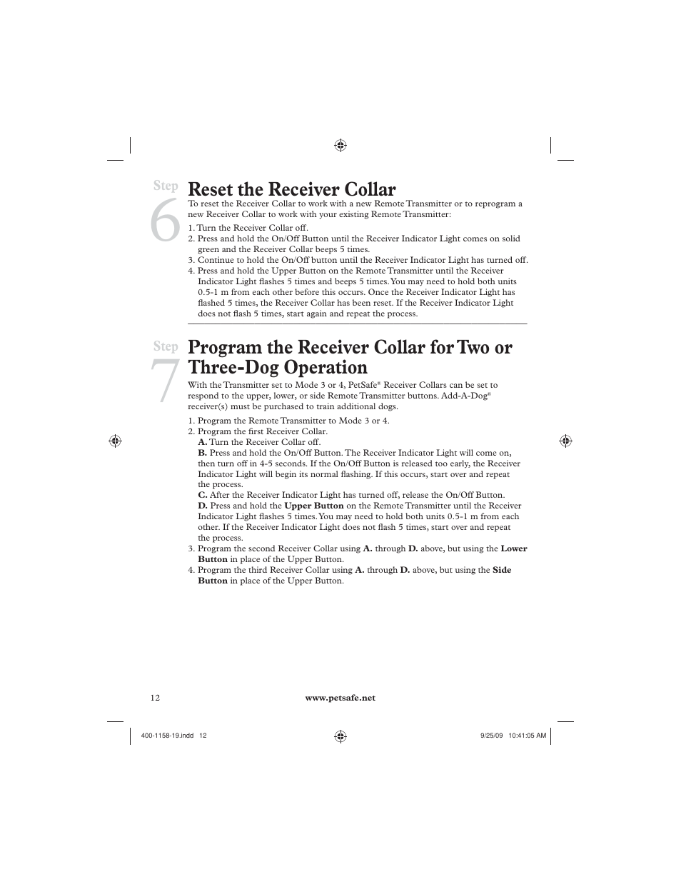 Reset the receiver collar | Petsafe 250 m Remote Trainer User Manual | Page 12 / 104