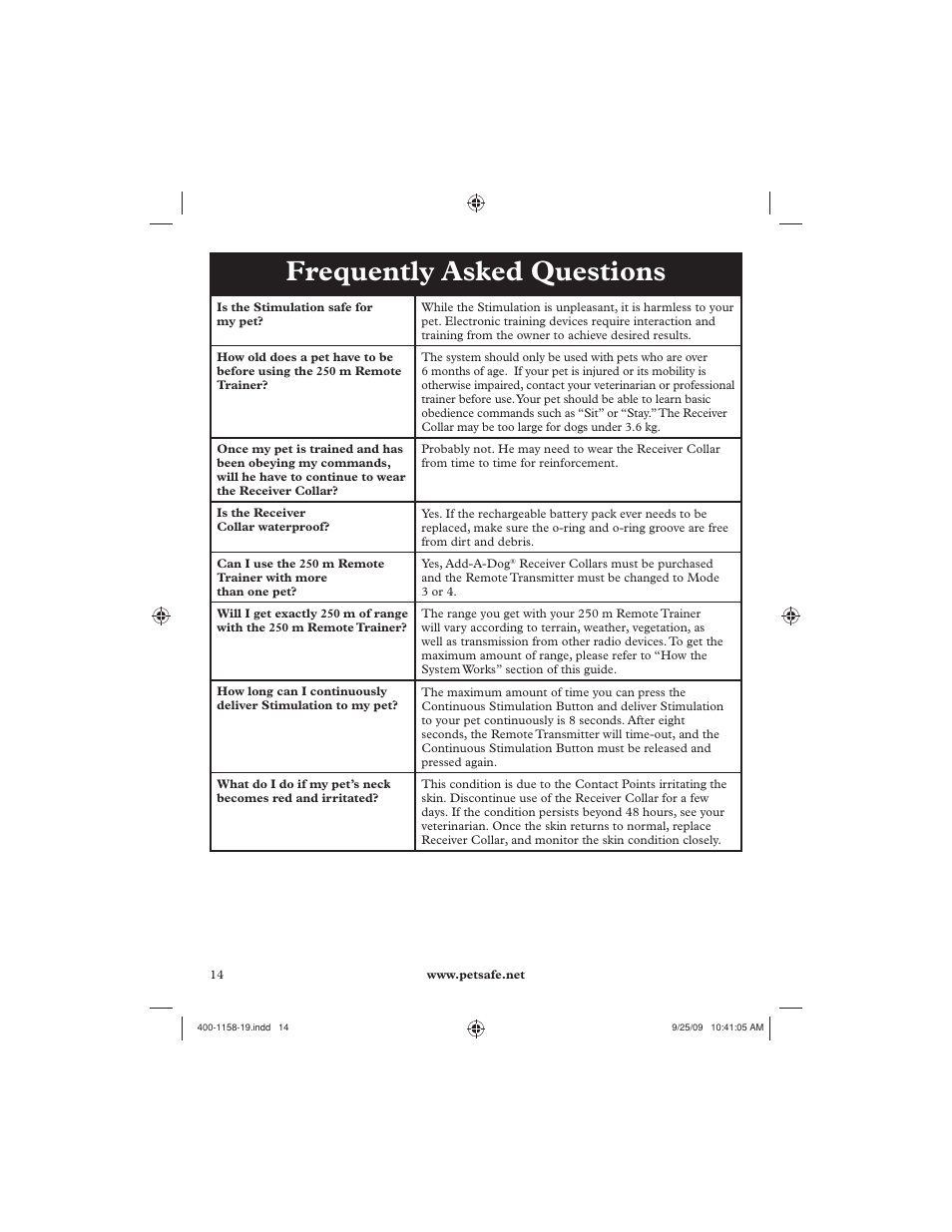 Frequently asked questions | Petsafe 250 m Remote Trainer User Manual | Page 14 / 104