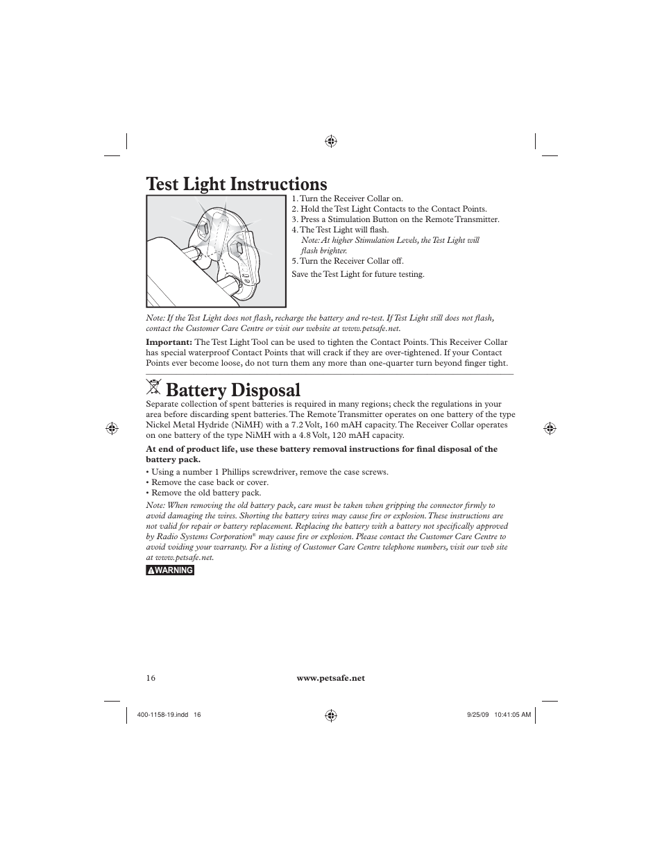Test light instructions, Battery disposal | Petsafe 250 m Remote Trainer User Manual | Page 16 / 104