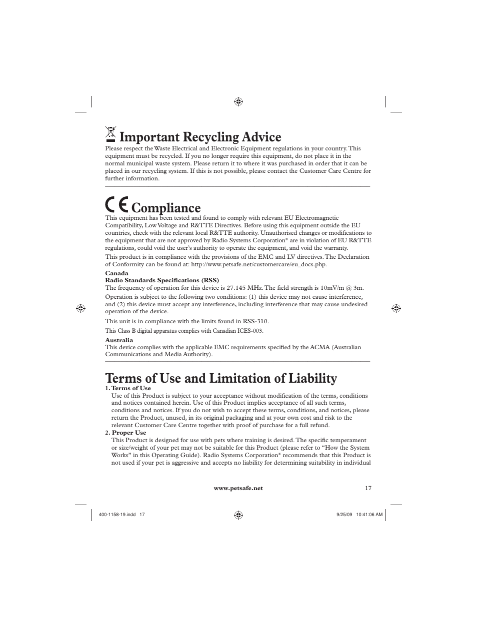 Important recycling advice, Compliance, Terms of use and limitation of liability | Petsafe 250 m Remote Trainer User Manual | Page 17 / 104