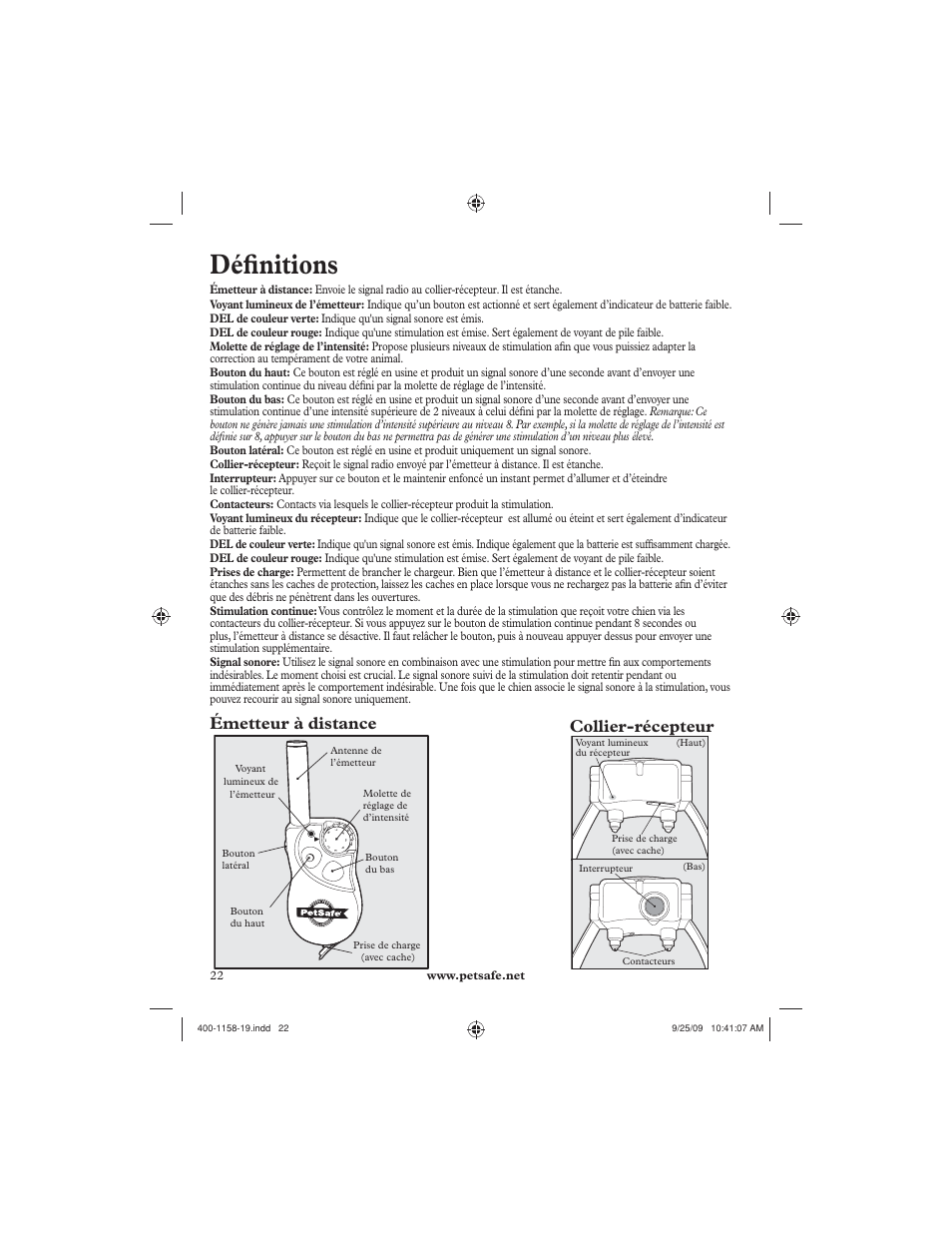 Défi nitions, Émetteur à distance collier-récepteur | Petsafe 250 m Remote Trainer User Manual | Page 22 / 104