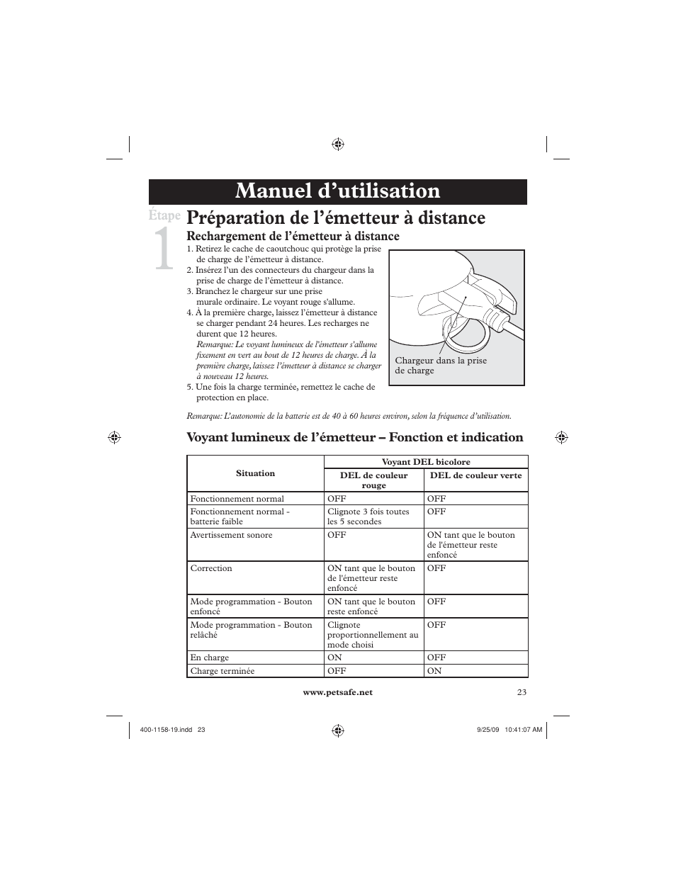 Manuel d’utilisation, Préparation de l’émetteur à distance, Étape | Rechargement de l’émetteur à distance | Petsafe 250 m Remote Trainer User Manual | Page 23 / 104