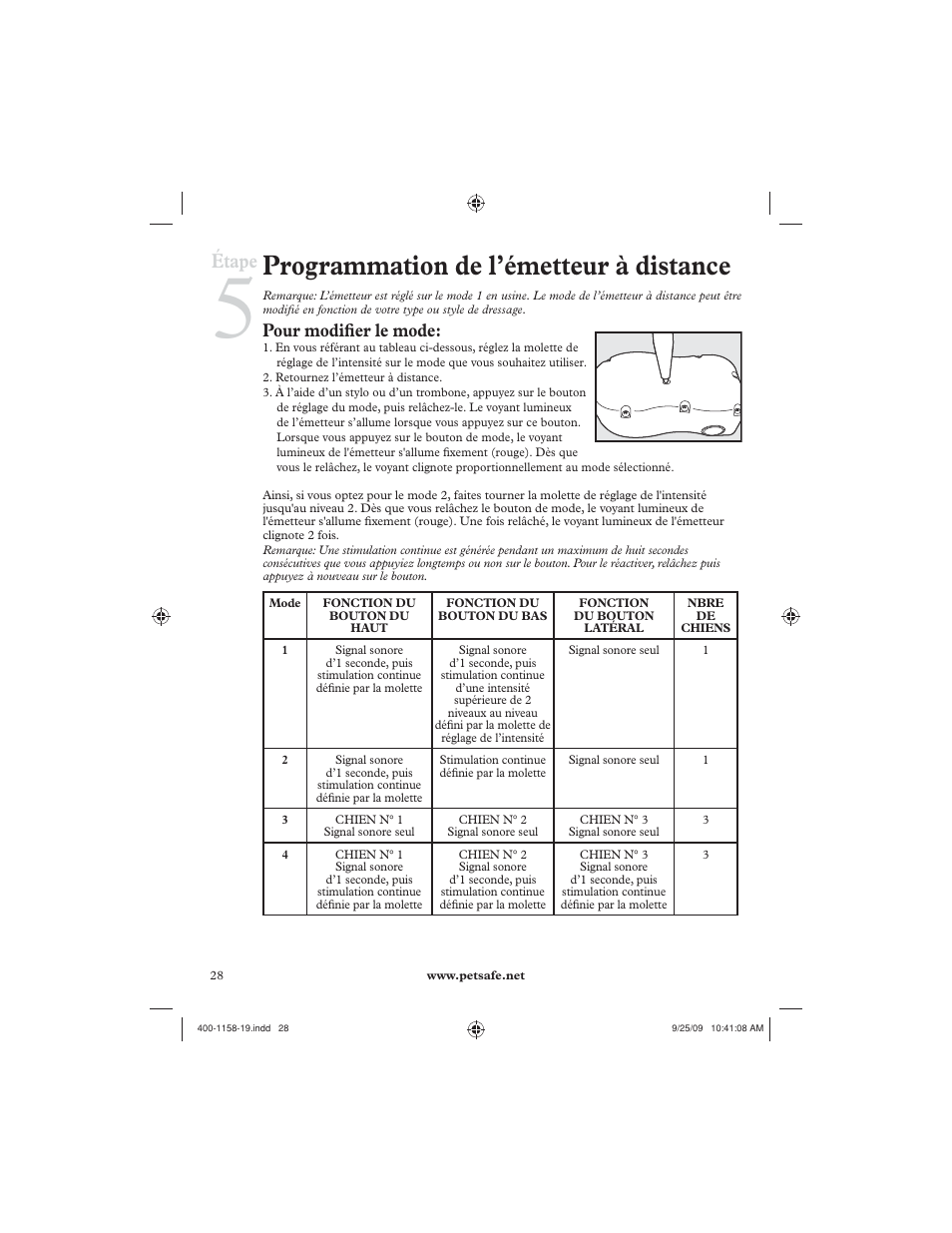 Programmation de l’émetteur à distance, Étape, Pour modifi er le mode | Petsafe 250 m Remote Trainer User Manual | Page 28 / 104