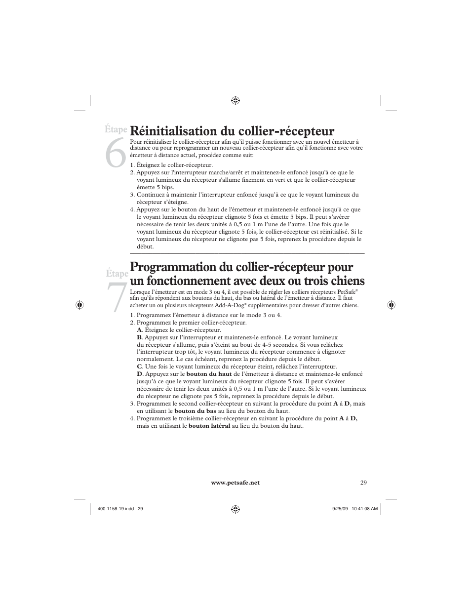 Réinitialisation du collier-récepteur | Petsafe 250 m Remote Trainer User Manual | Page 29 / 104