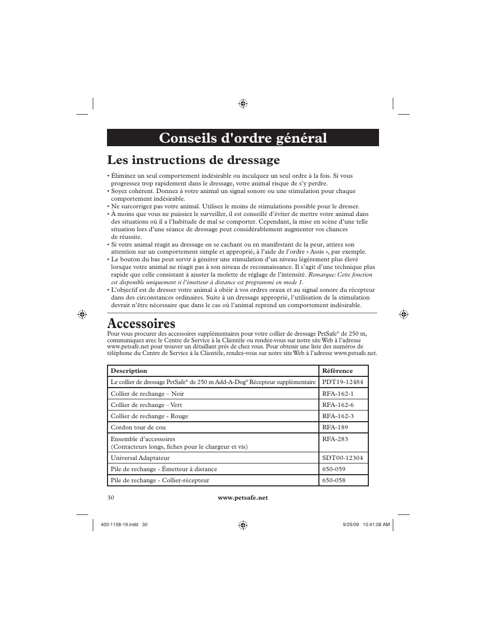 Conseils d'ordre général, Accessoires, Les instructions de dressage | Petsafe 250 m Remote Trainer User Manual | Page 30 / 104