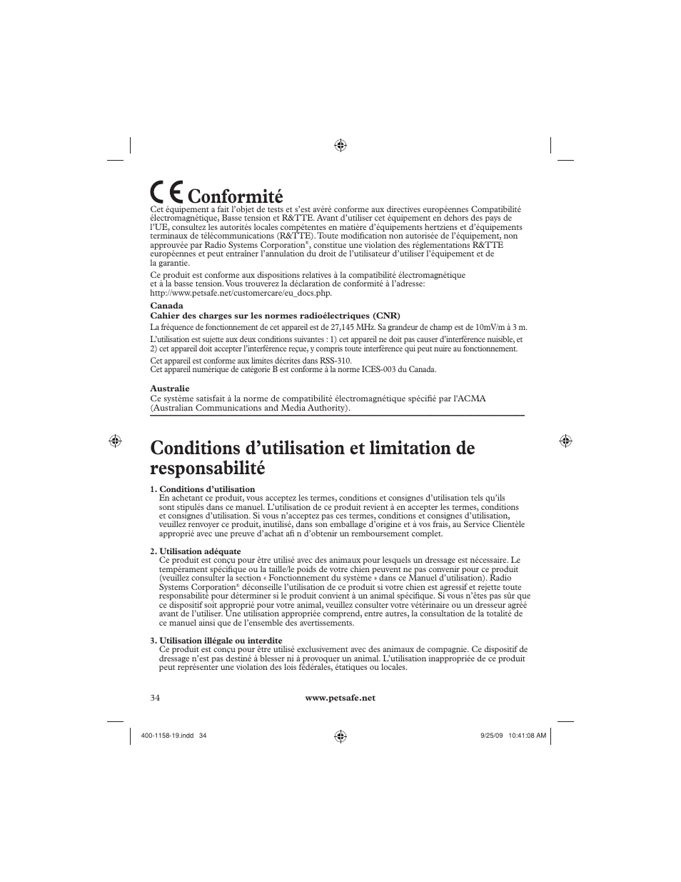 Conformité | Petsafe 250 m Remote Trainer User Manual | Page 34 / 104