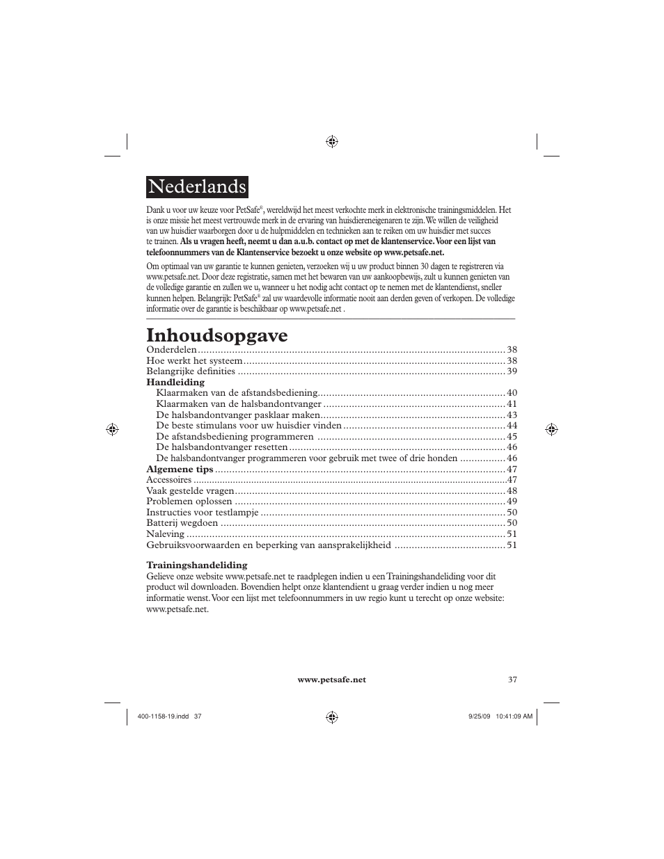 Nederlands, Inhoudsopgave | Petsafe 250 m Remote Trainer User Manual | Page 37 / 104