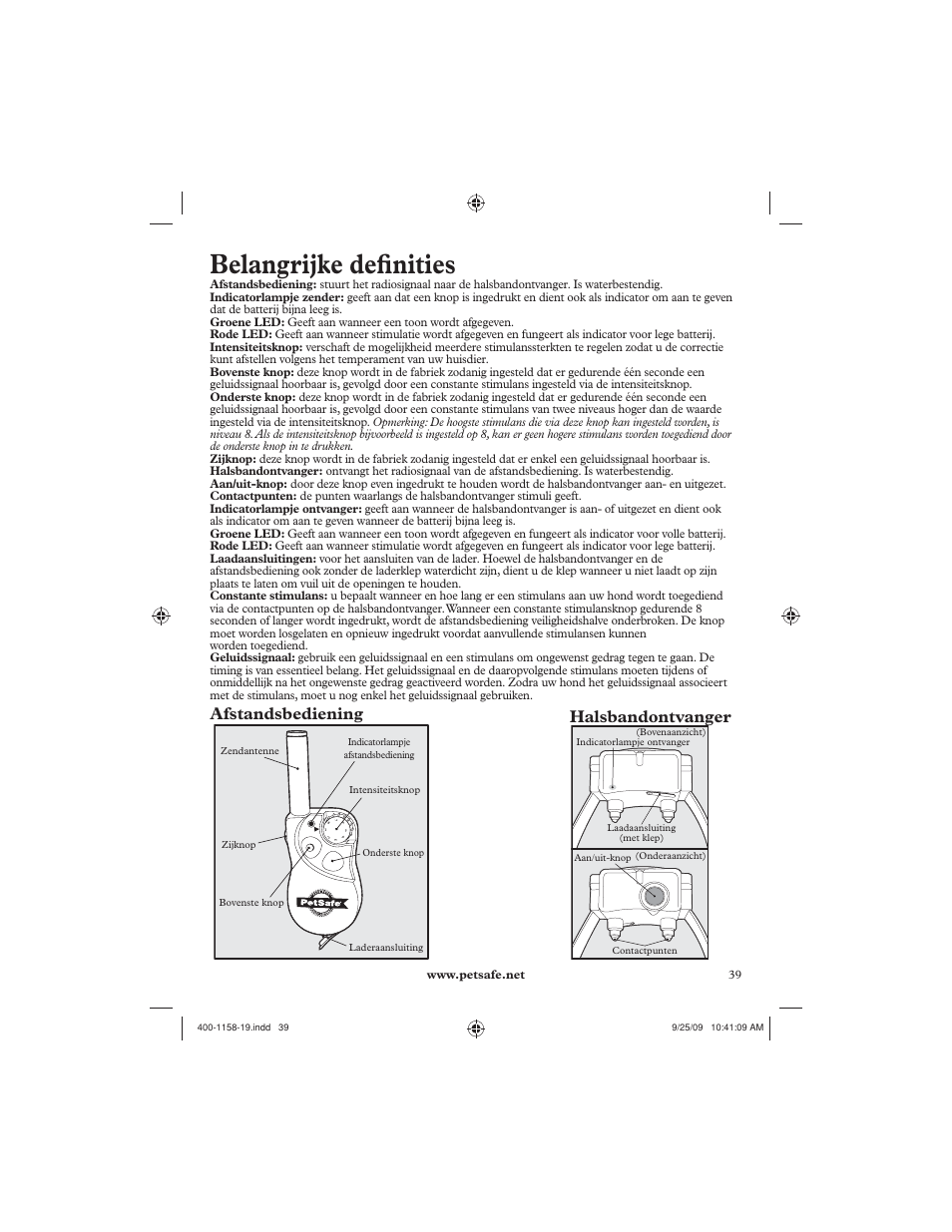 Belangrijke defi nities, Afstandsbediening halsbandontvanger | Petsafe 250 m Remote Trainer User Manual | Page 39 / 104