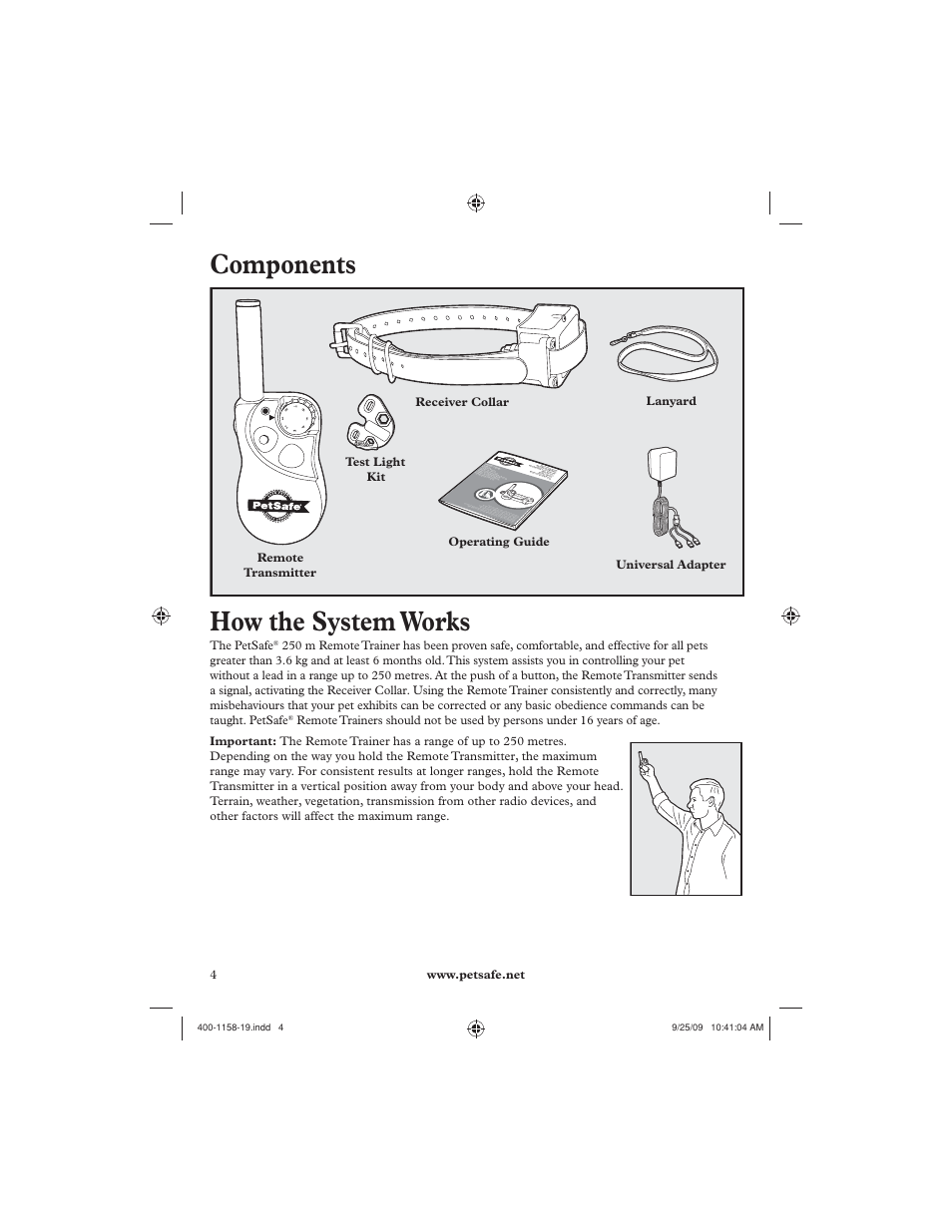 Components, How the system works | Petsafe 250 m Remote Trainer User Manual | Page 4 / 104
