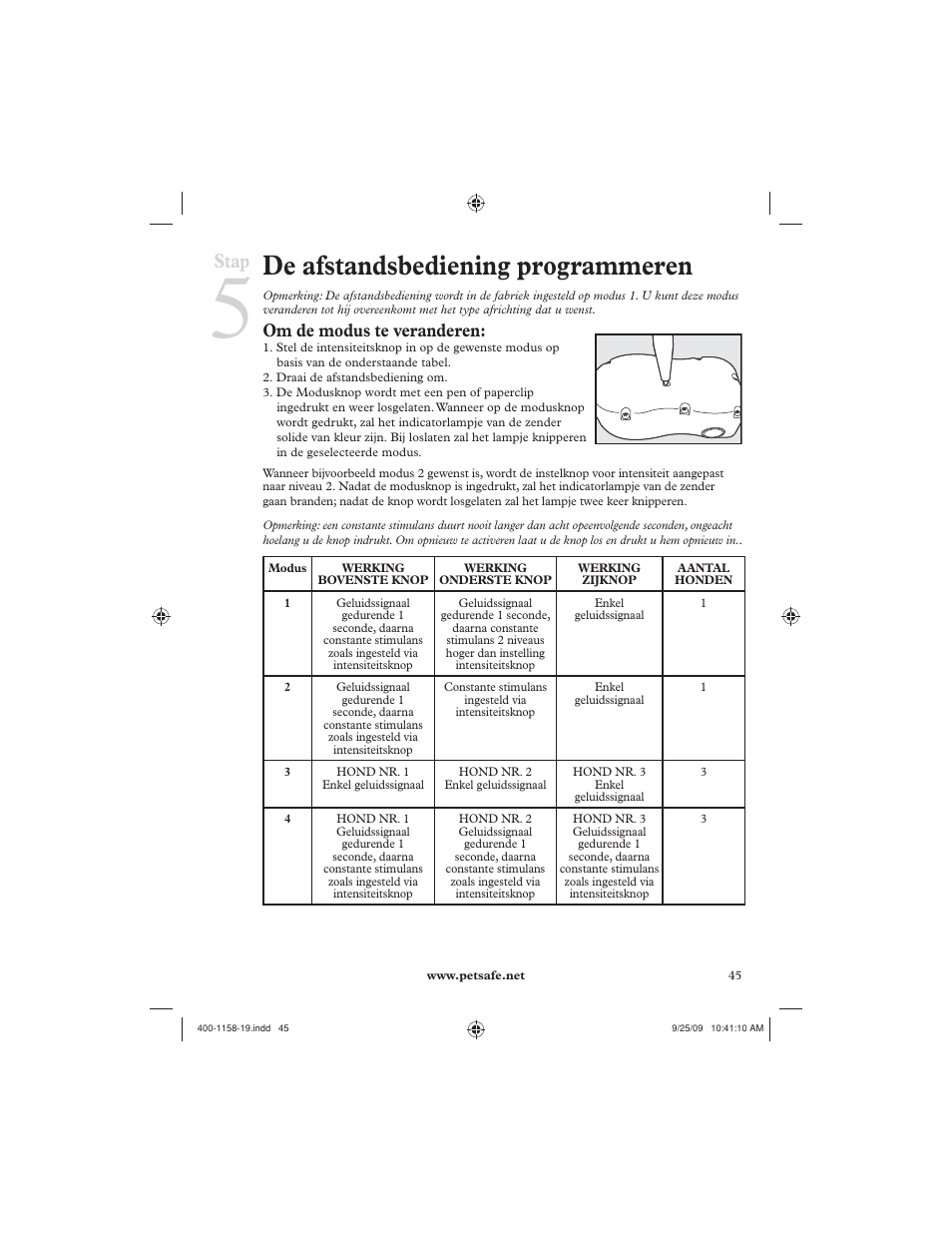 De afstandsbediening programmeren, Stap, Om de modus te veranderen | Petsafe 250 m Remote Trainer User Manual | Page 45 / 104