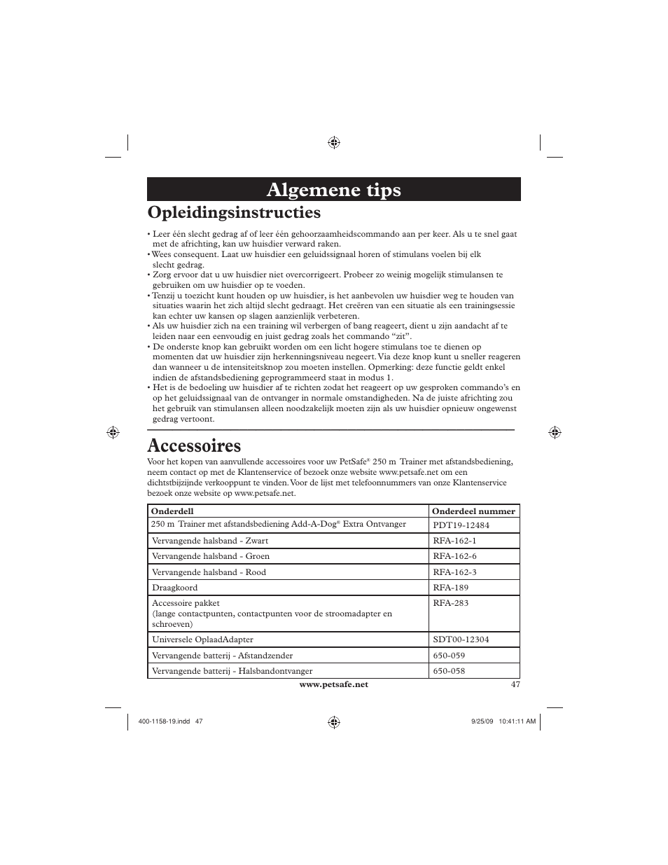 Algemene tips, Accessoires, Opleidingsinstructies | Petsafe 250 m Remote Trainer User Manual | Page 47 / 104