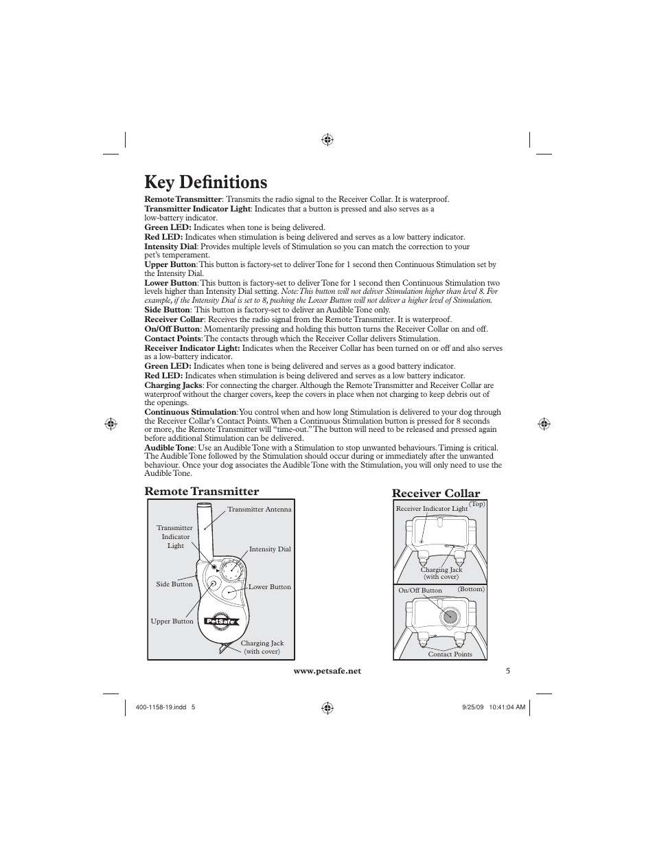 Key defi nitions, Remote transmitter receiver collar | Petsafe 250 m Remote Trainer User Manual | Page 5 / 104