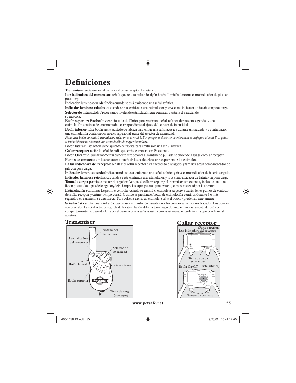 Defi niciones, Transmisor collar receptor | Petsafe 250 m Remote Trainer User Manual | Page 55 / 104