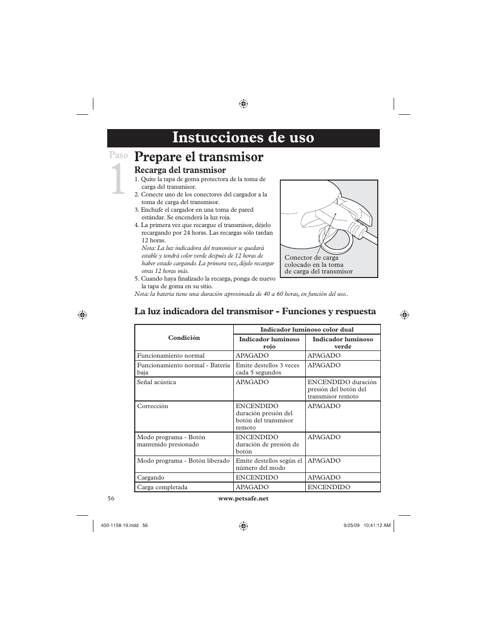 Instucciones de uso, Prepare el transmisor, Paso | Recarga del transmisor | Petsafe 250 m Remote Trainer User Manual | Page 56 / 104