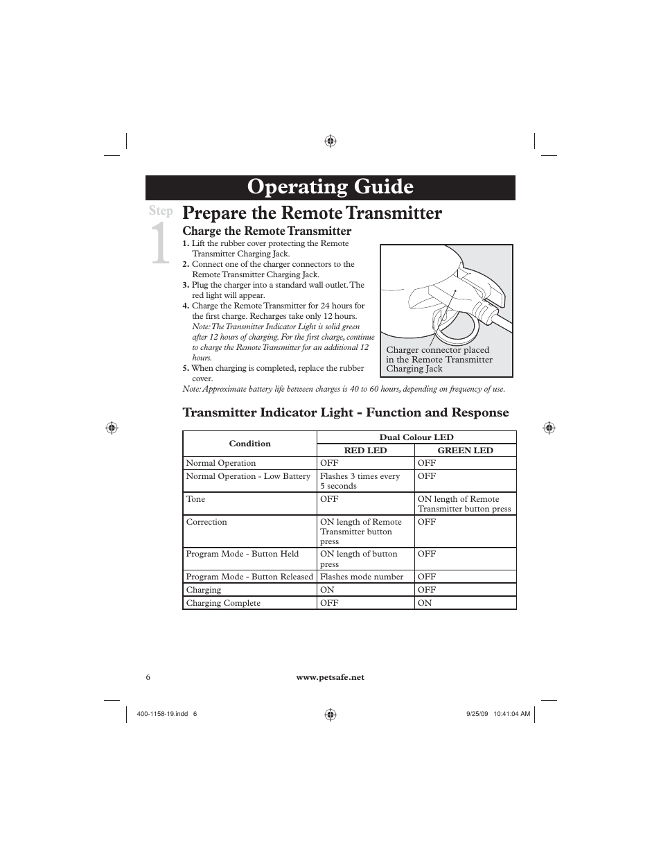 Operating guide, Prepare the remote transmitter, Step | Charge the remote transmitter | Petsafe 250 m Remote Trainer User Manual | Page 6 / 104