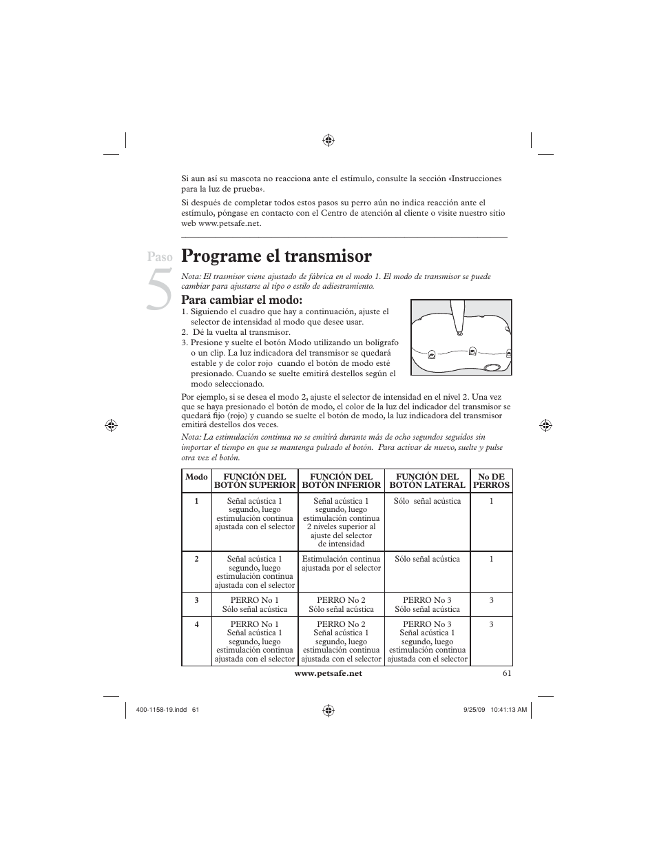 Programe el transmisor, Paso, Para cambiar el modo | Petsafe 250 m Remote Trainer User Manual | Page 61 / 104