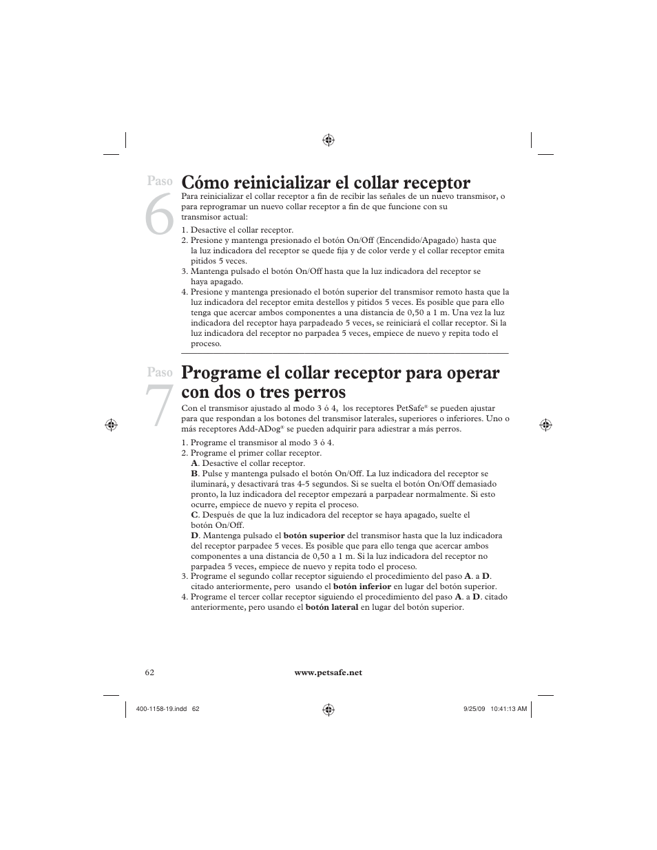 Cómo reinicializar el collar receptor | Petsafe 250 m Remote Trainer User Manual | Page 62 / 104