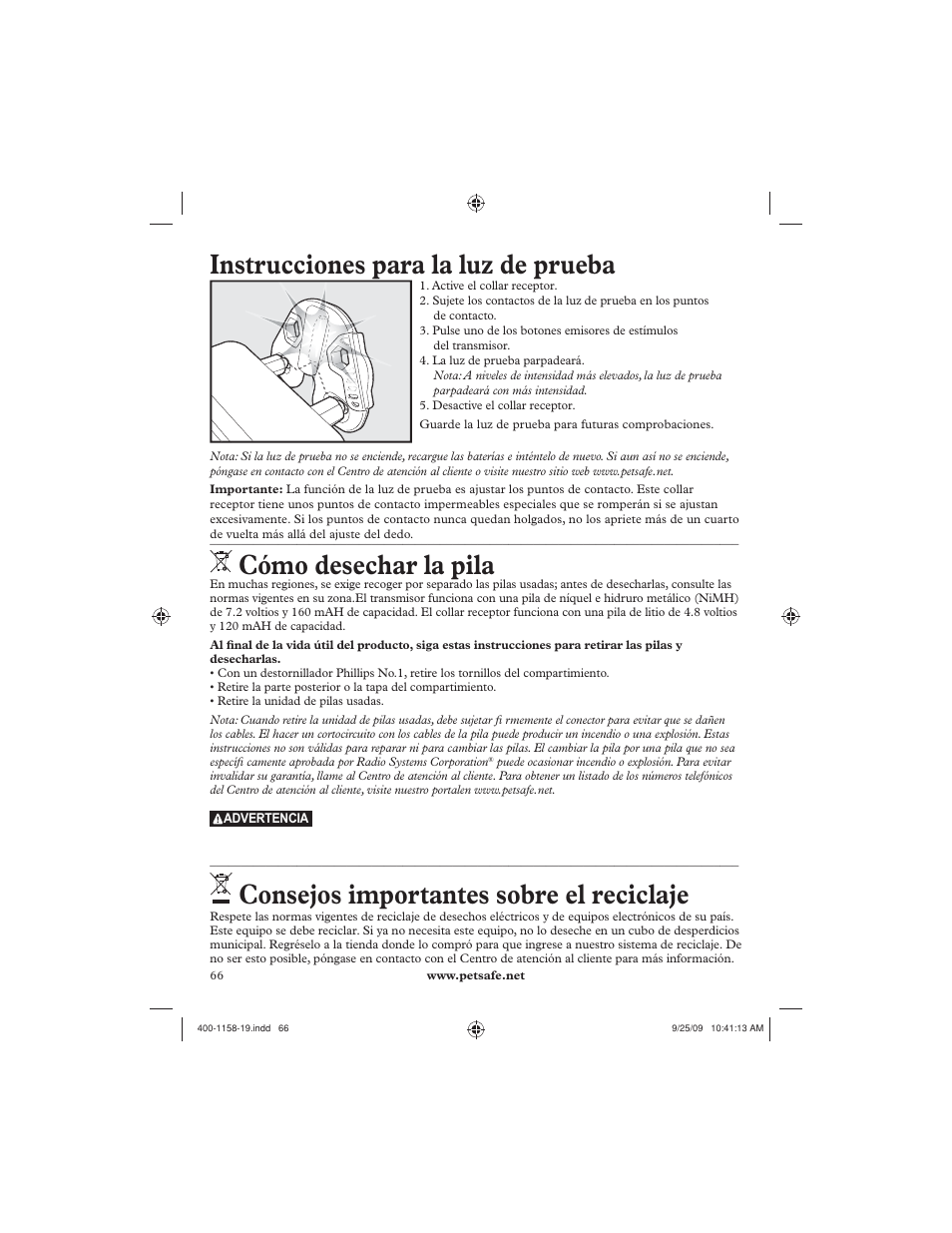 Instrucciones para la luz de prueba, Cómo desechar la pila, Consejos importantes sobre el reciclaje | Petsafe 250 m Remote Trainer User Manual | Page 66 / 104