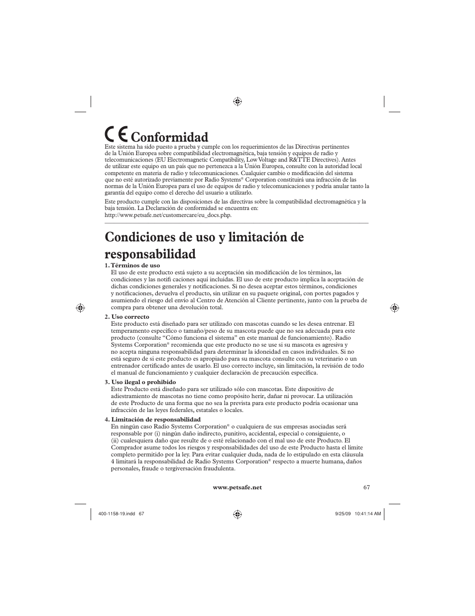 Conformidad, Condiciones de uso y limitación de responsabilidad | Petsafe 250 m Remote Trainer User Manual | Page 67 / 104