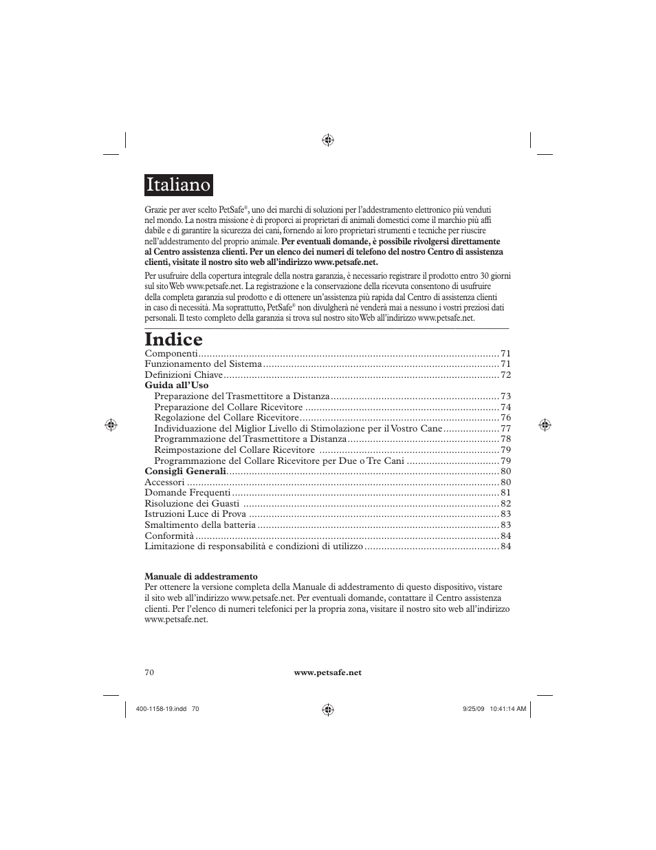 Italiano, Indice | Petsafe 250 m Remote Trainer User Manual | Page 70 / 104