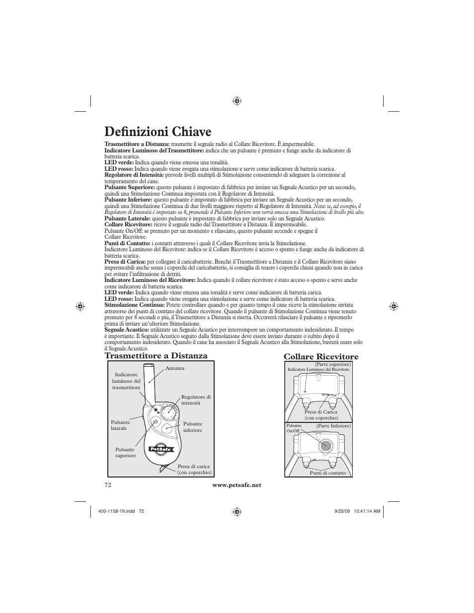 Defi nizioni chiave, Trasmettitore a distanza collare ricevitore | Petsafe 250 m Remote Trainer User Manual | Page 72 / 104