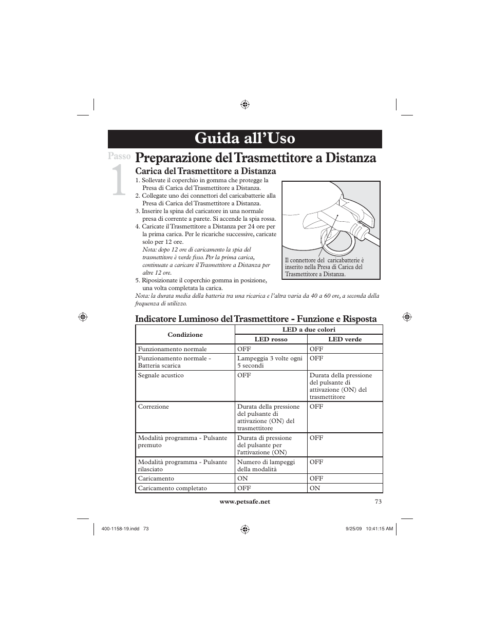 Guida all’uso, Preparazione del trasmettitore a distanza, Passo | Carica del trasmettitore a distanza | Petsafe 250 m Remote Trainer User Manual | Page 73 / 104