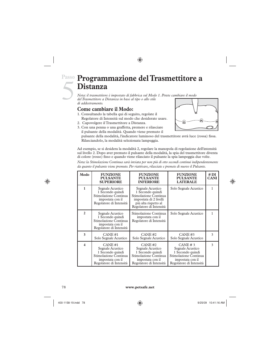 Programmazione del trasmettitore a distanza, Passo, Come cambiare il modo | Petsafe 250 m Remote Trainer User Manual | Page 78 / 104