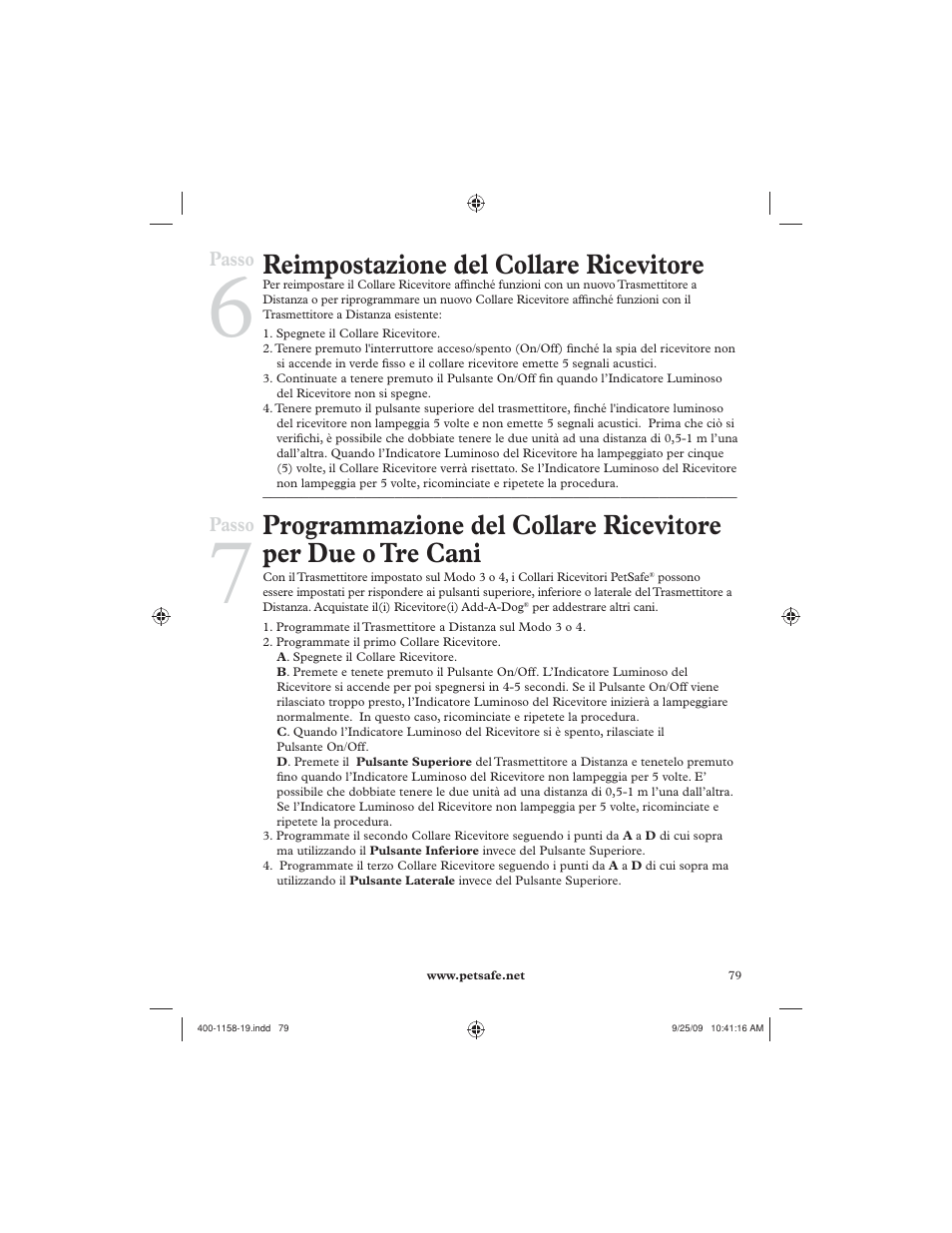 Reimpostazione del collare ricevitore | Petsafe 250 m Remote Trainer User Manual | Page 79 / 104