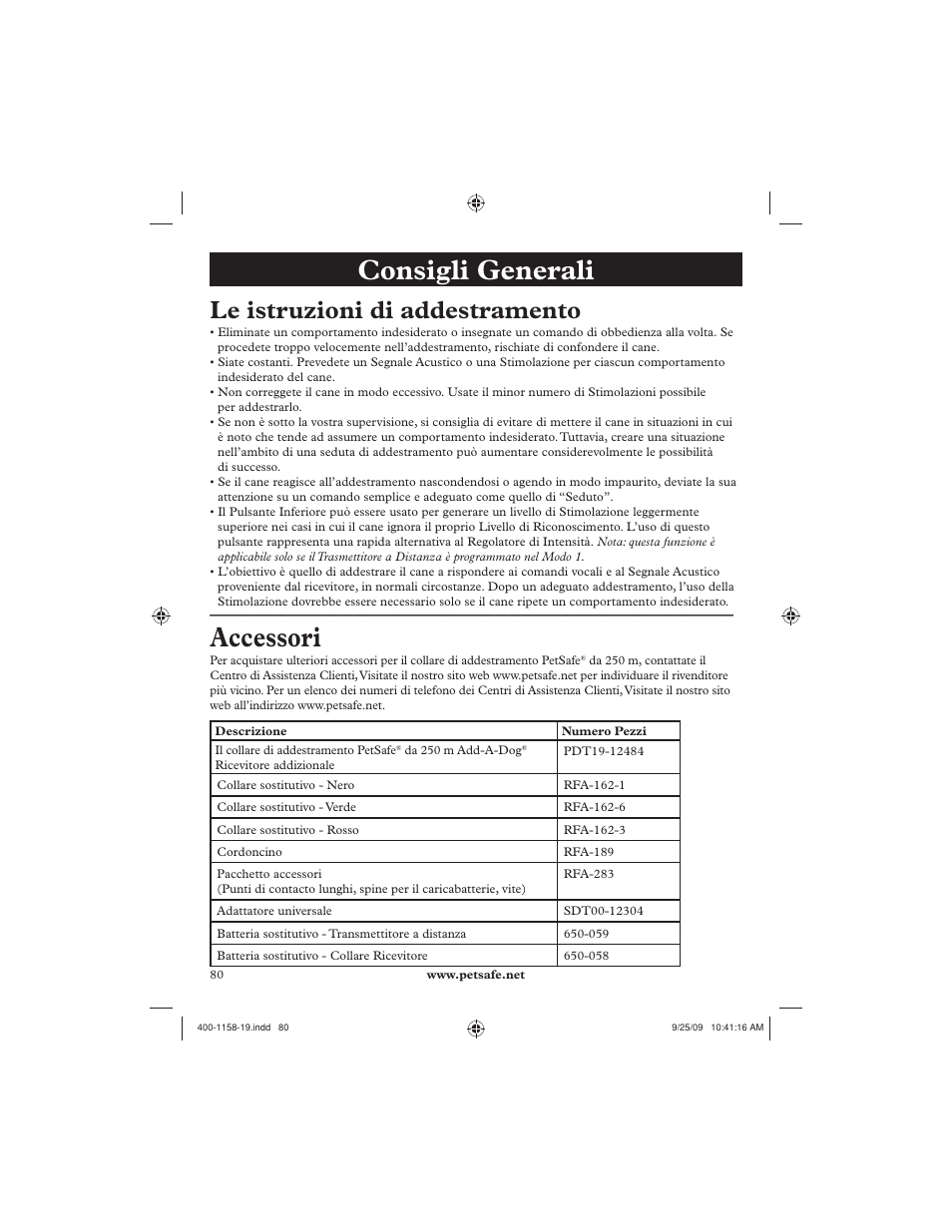 Consigli generali, Accessori, Le istruzioni di addestramento | Petsafe 250 m Remote Trainer User Manual | Page 80 / 104