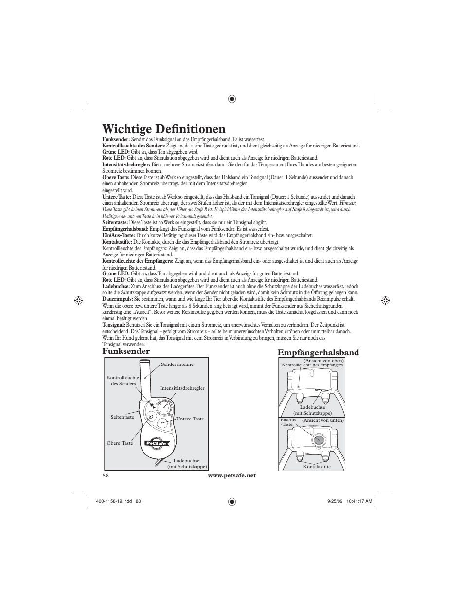 Wichtige defi nitionen, Funksender empfängerhalsband | Petsafe 250 m Remote Trainer User Manual | Page 88 / 104