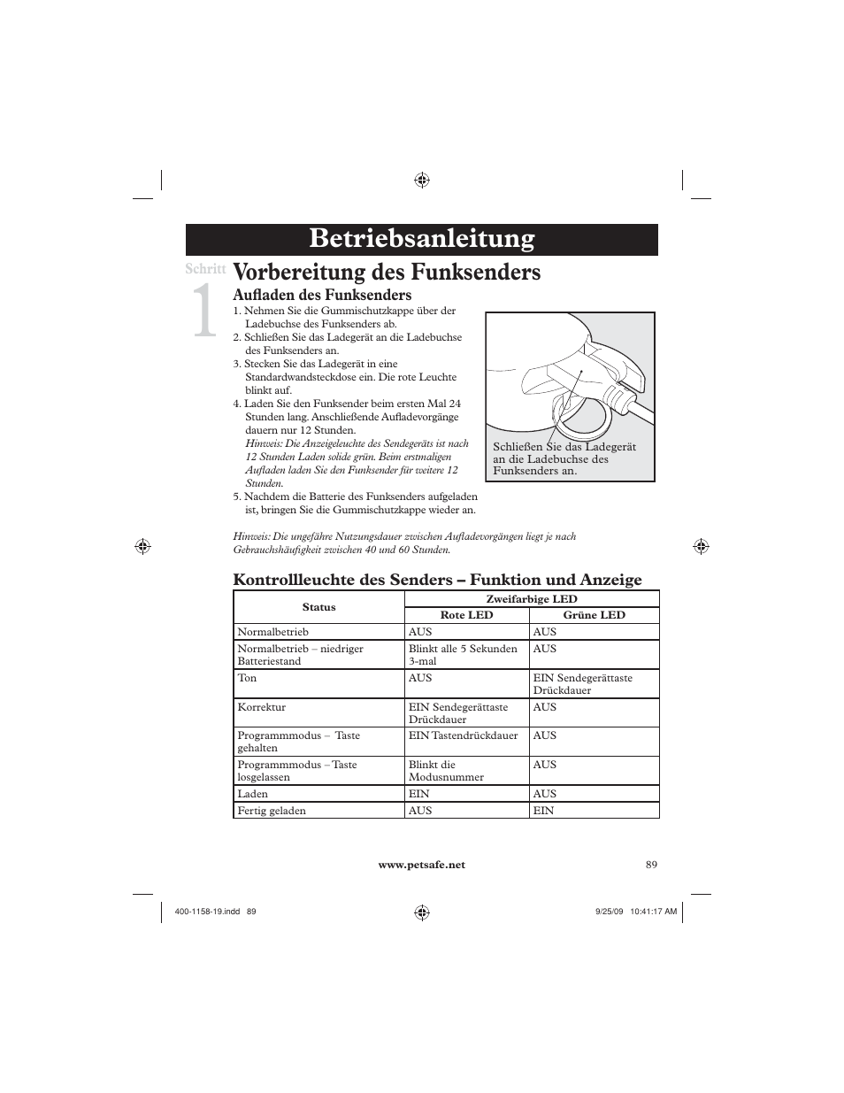 Betriebsanleitung, Vorbereitung des funksenders, Aufl aden des funksenders | Kontrollleuchte des senders – funktion und anzeige | Petsafe 250 m Remote Trainer User Manual | Page 89 / 104