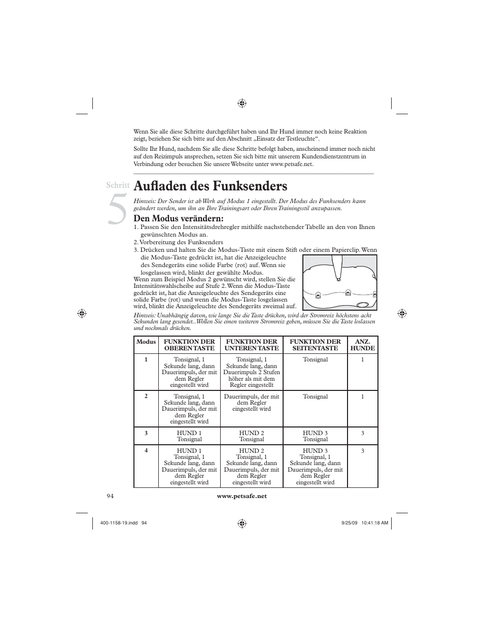 Aufl aden des funksenders, Den modus verändern, Schritt | Petsafe 250 m Remote Trainer User Manual | Page 94 / 104