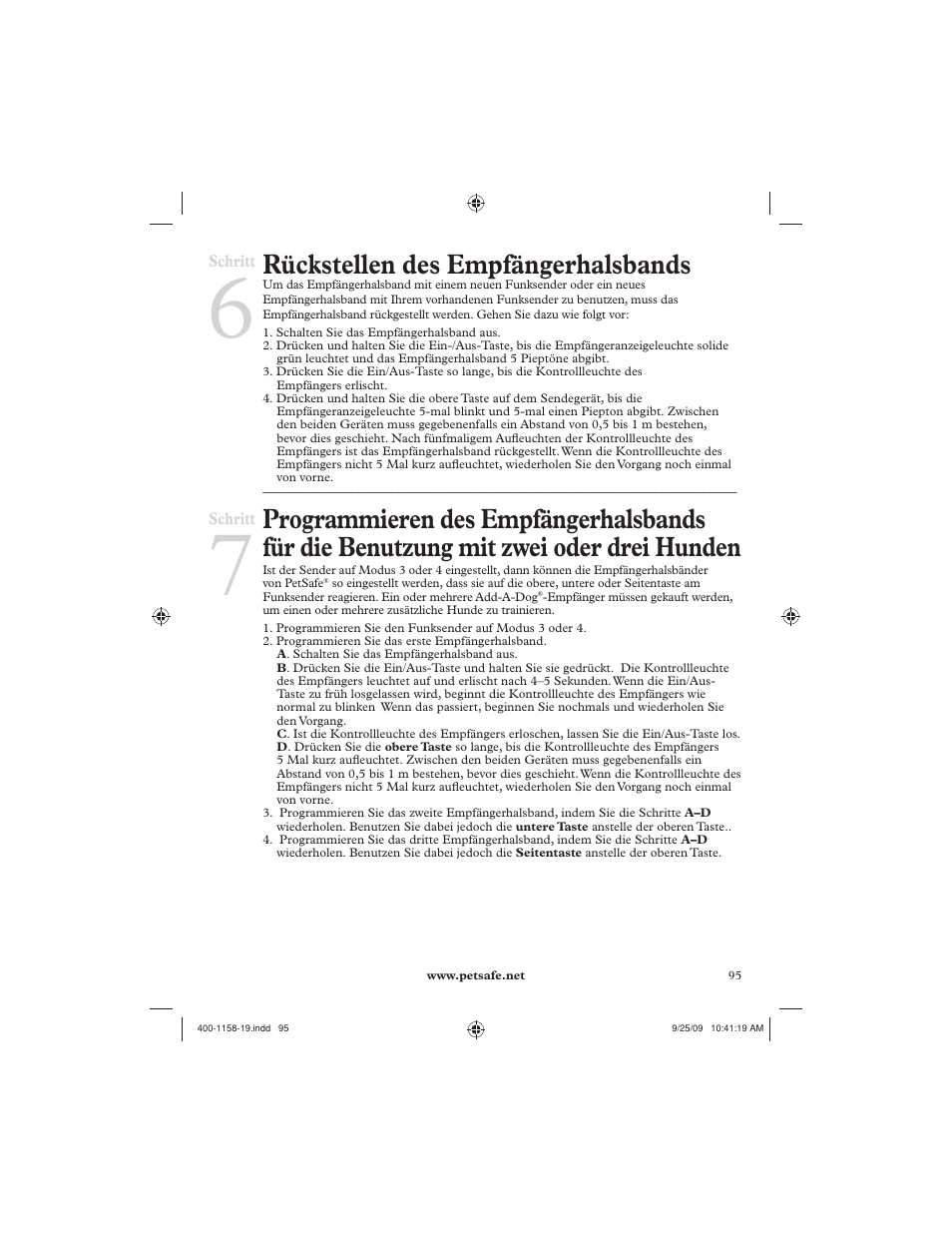 Rückstellen des empfängerhalsbands | Petsafe 250 m Remote Trainer User Manual | Page 95 / 104